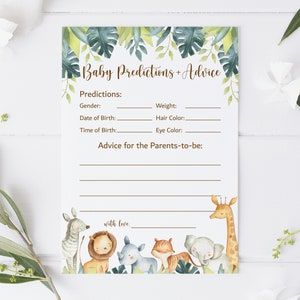 Cartes de prédictions et de conseils pour bébé Shower de bébé dans la jungle Animaux de la jungle Safari Jeu de baby shower imprimable Tropical NON modifiable 0129