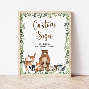 Editable Woodland Animals Custom Sign Greenery Woodland Baby Shower Sign Forest Animals Gender Neutral Table Sign Printable Corjl 0120