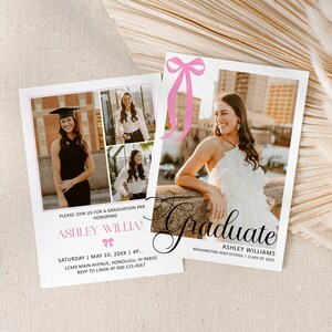 Tarjeta de anuncio de graduación con lazo rosa editable, plantilla de tarjeta fotográfica de graduación, invitación a fiesta de graduación, Corjl 0143