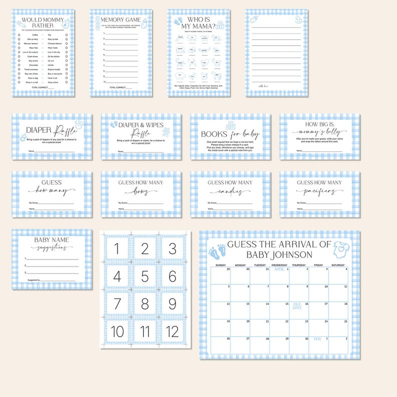 May include: A collection of baby shower games and activities on light blue gingham patterned cards. Games include "Would Mommy Rather," "Memory Game," and "Guess the Arrival of Baby Johnson" calendar. The cards are decorated with baby-themed graphics.