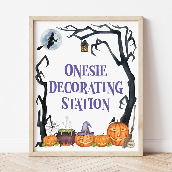 Halloween Onesie Decorating Station Sign Halloween Baby Shower Spooky Jack o' Lantern Witch Baby Shower Decor Printable NOT Editable C9