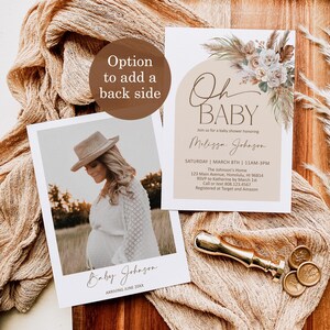 May include: A baby shower invitation with a beige background and a floral design. The invitation says "Oh Baby" and includes the name "Melissa Johnson". The invitation also includes the date, time, and location of the shower. A photo of a pregnant woman in a white dress and a hat is included on the back of the invitation.