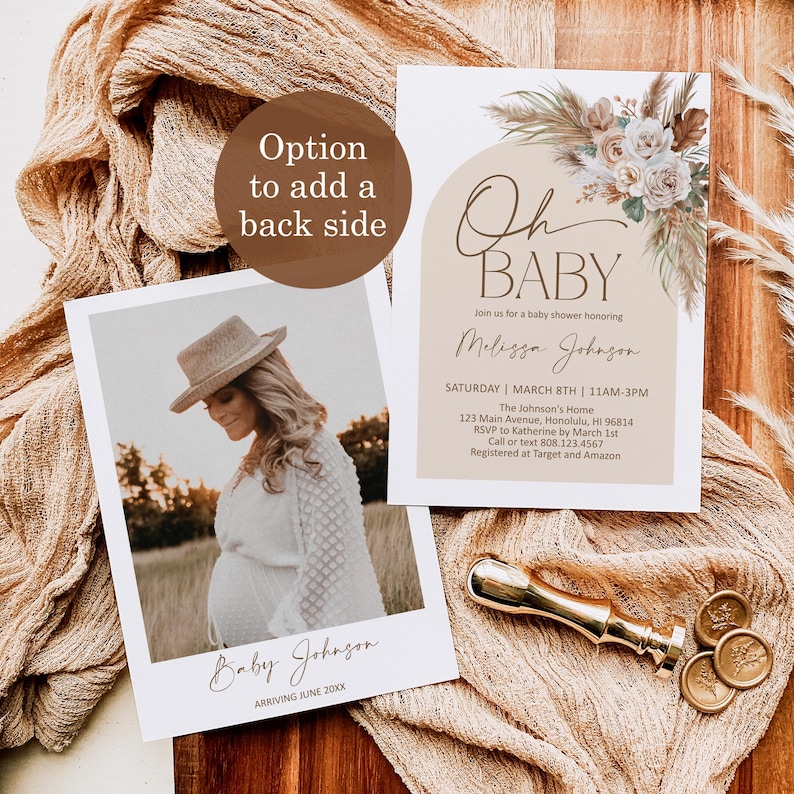 May include: A baby shower invitation with a beige background and a floral design. The invitation says "Oh Baby" and includes the name "Melissa Johnson". The invitation also includes the date, time, and location of the shower. A photo of a pregnant woman in a white dress and a hat is included on the back of the invitation.