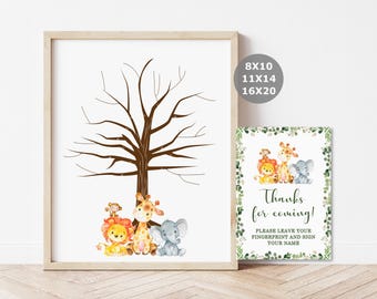 Libro de visitas con huellas dactilares de la jungla, árbol de huellas dactilares imprimible, baby shower de la jungla, safari, recuerdo de cumpleaños 0128