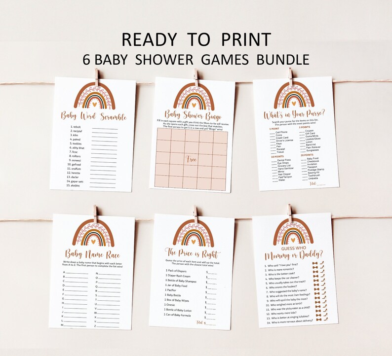 Rainbow Baby Shower Games Bundle Printable Boho Baby Shower Boho Rainbow Gender Neutral Modern Earth Tone Terracotta NOT Editable C6 image 1