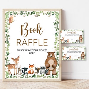 Woodland Baby Shower Book Raffle Tickets and Sign Greenery Woodland Animals Forest Baby Shower Game Printable NOT Editable 0120