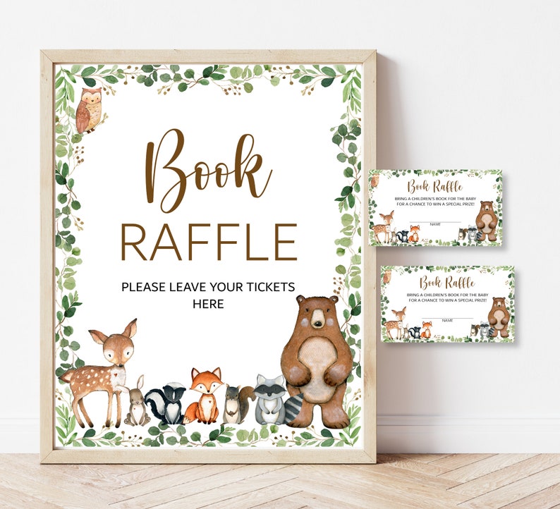 Woodland Baby Shower Book Raffle Tickets and Sign Greenery Etsy
