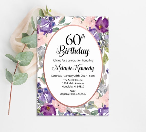 60th Birthday Invitation for Women Pink Purple Floral Birthday Invite