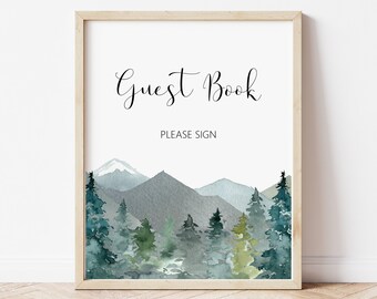 Guest Book Sign Printable Winter Woodland Rustic Mountains Trees Bridal Shower Baby Shower Birthday Sign NOT Editable A89 B96 C90