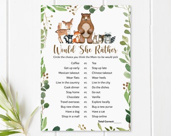 Would She Rather Baby Shower Game Woodland Baby Shower Game Greenery Woodland Animals Forest Baby Shower Game Printable NOT Editable 0120