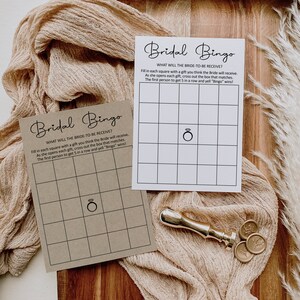 Cartes de bingo nuptiale Shower de bébé Bingo nuptiale de douche Jeu imprimable Kraft minimaliste papier rustique boisé moderne noir blanc non modifiable B3
