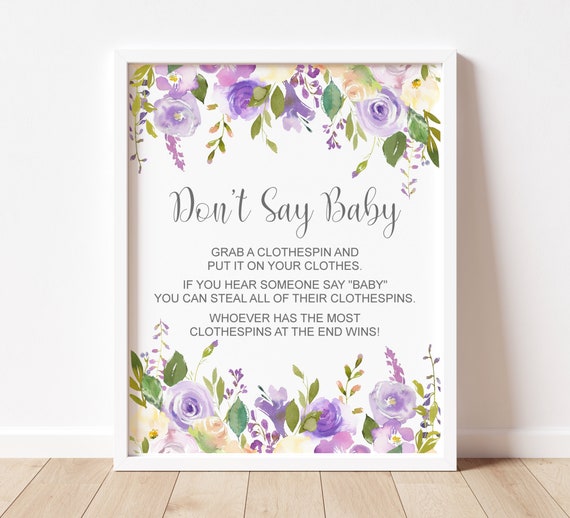 Don't Say Baby Game Instant Download Pastel Purple Don't Say Baby Sign Clothespin Game Baby Shower Game Sign Baby Shower Game