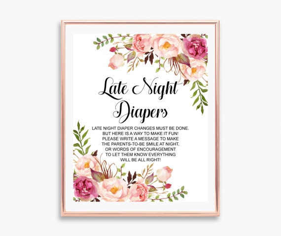 Pink Floral Late Night Diapers Sign Printable Diaper Message Diaper ...