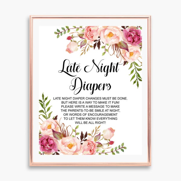 Signe de couches floral rose tard dans la nuit Couche imprimable Message Couche-culottes pensées Boho Baby Shower activité non modifiable C24