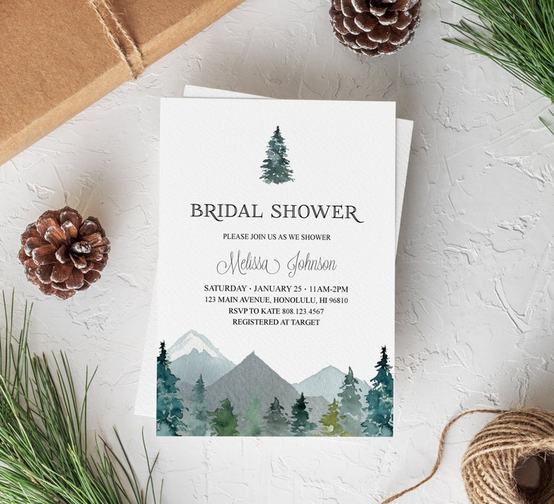 Mountains Bridal Shower Invitation Outdoor Theme Forest Trees Adventure Mountain Bridal Shower Wedding Shower Personalized Invitation B96 image 4
