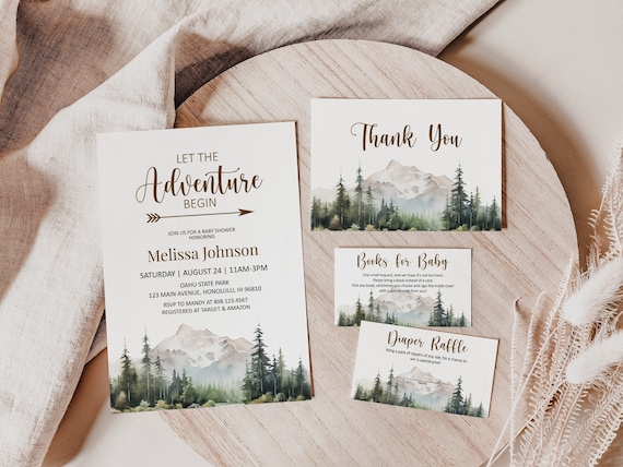 Editable Let the Adventure Begin Forest Baby Shower Invitation Set Mountain Baby Shower Invite Bundle Printable Template Corjl 0124