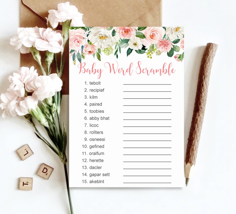 K&ouml;nnte beinhalten: Ein druckbares Babyparty-Spiel mit einem rosa floralen Rand. Das Spiel hei&szlig;t "Baby Word Scramble" und enth&auml;lt 15 W&ouml;rter zum Entschl&uuml;sseln.