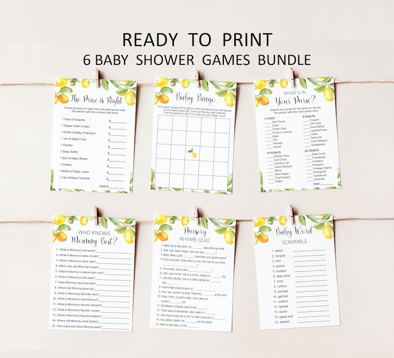 Citrus Baby Shower Games Bundle, Lemon Baby Shower Game Printable 0140 image 1