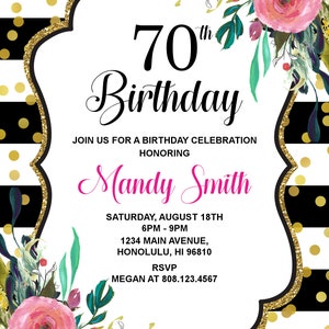 70th Birthday Invitation Women Birthday Invitation Pink Floral Modern Black & White Invite Custom Printable Digital File A11 image 2