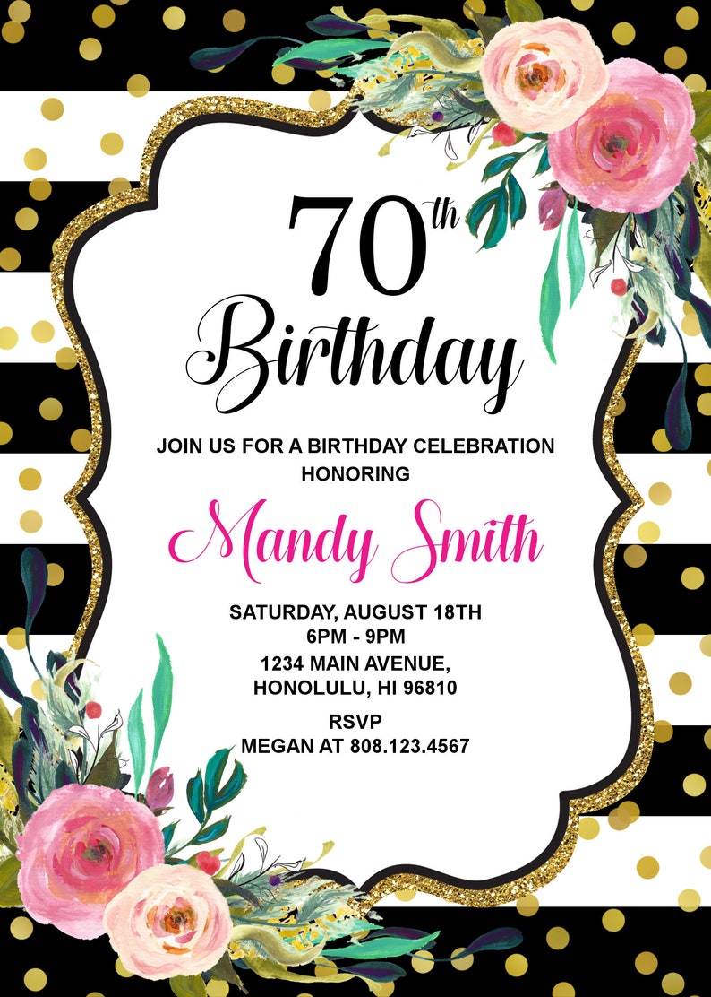 70th Birthday Invitation Women Birthday Invitation Pink Floral Modern Black & White Invite Custom Printable Digital File A11 image 2