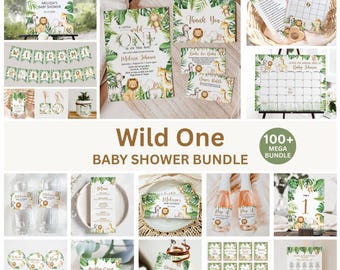 Editable Wild One Safari Baby Shower Invitation Bundle, Jungle Animals Baby Shower Template Printable Digital Download, Corjl 0127