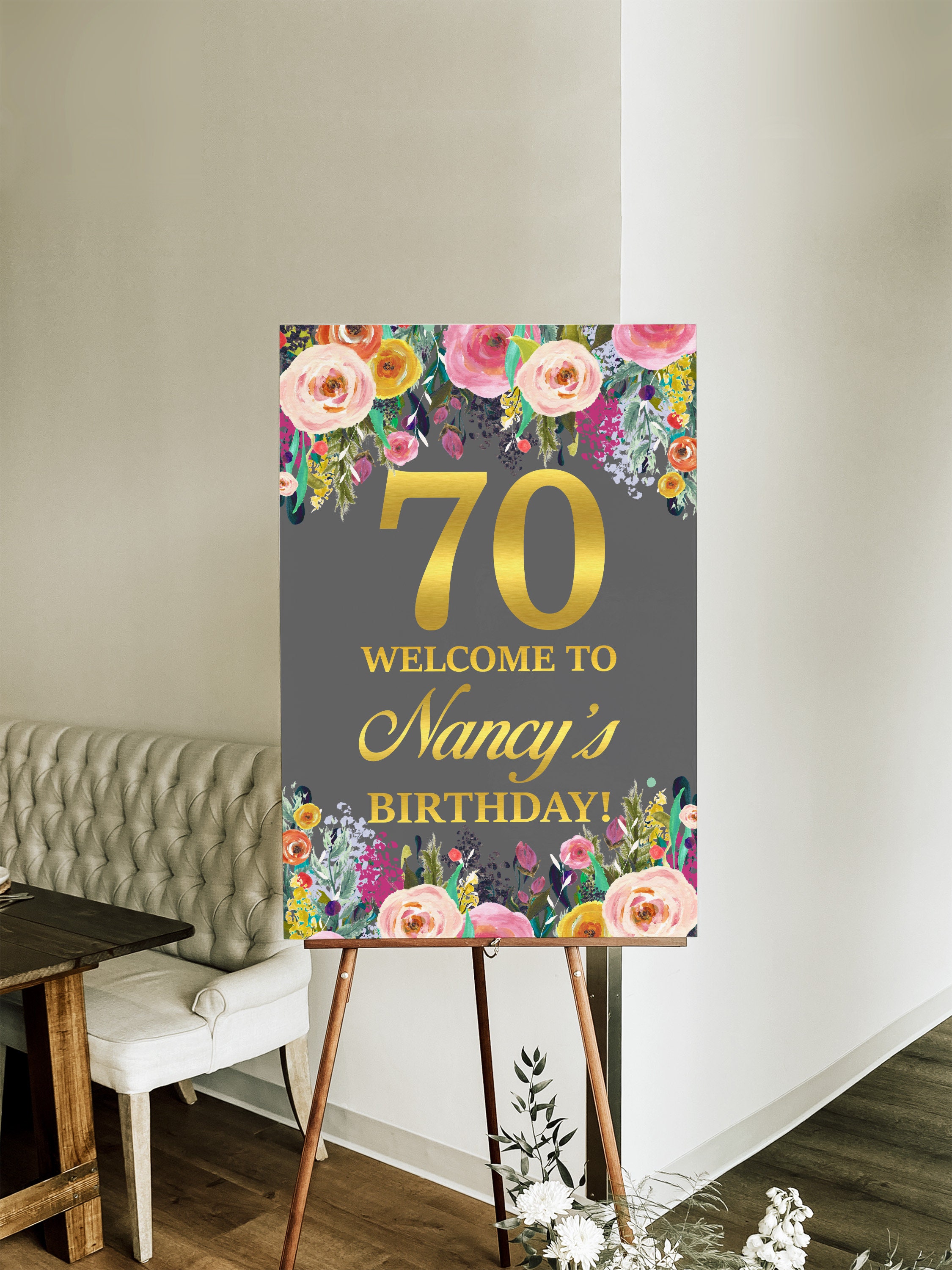 Letrero de bienvenida floral dorado personalizado para cumpleaños de mujer  - Póster personalizable para cualquier edad (A15) - Etsy México, image size:2250x3000