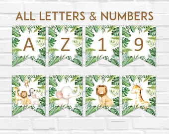 Safari Printable Banner Alphabet and Numbers | Jungle Animals Bunting PDF | Birthday & Baby Shower Decor Instant Download, 0127