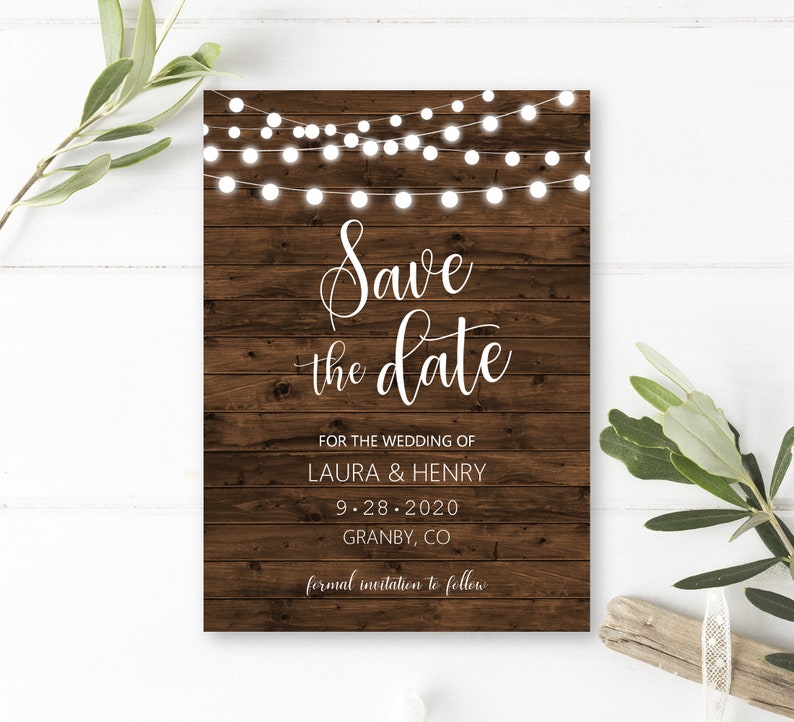A74 B62 B63 B64 B67 B68 Wood String Lights Save the Date Cards Personalized Digital File Rustic Wedding Announcement Printable