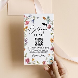 Carte de code QR modifiable du fonds universitaire de fleurs sauvages, cadeau en argent pour l'obtention du diplôme, carte Venmo, modèle de carte à insérer, Corjl 0143