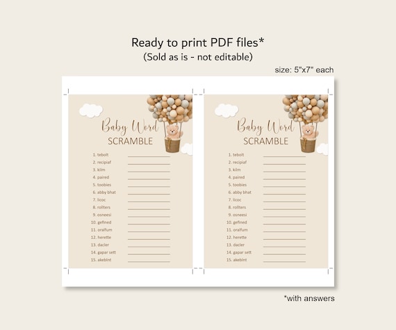 20 Giochi Baby Shower Word Scramble - Design Orsetto Unisex Con Scheda Risposte