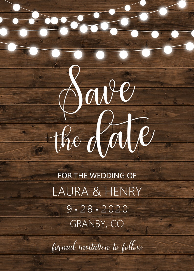 A74 B62 B63 B64 B67 B68 Wood String Lights Save the Date Cards Personalized Digital File Rustic Wedding Announcement Printable