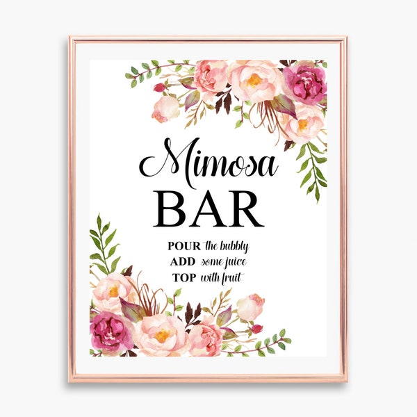 Mimosa Bar Sign Pink Floral Boho Bridal Shower Wedding Baby Shower Decoration Drinks Table Sign Printable NOT Editable B54 C24