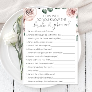 How Well Do You Know The Bride & Groom Boho Bridal Shower Game Printable Who Knows The Couple Best Dusty Rose Floral NOT Editable B98