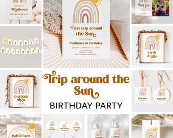 Editable Trip around the Sun Birthday Invitation Bundle (Any Age) Printable Templates Corjl 0118