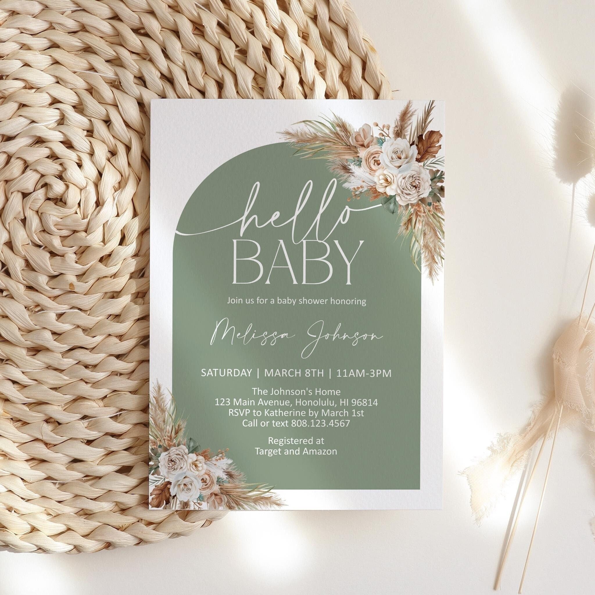 Editable Sage Green Baby Shower Invitation Gender Neutral Baby Shower Pampas Grass Floral Boho Baby Shower Invite Template Corjl 0142