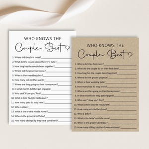 Who Knows The Couple Best Game Printable, Minimalist Bridal Shower Game, Couples Shower Game Wedding Game Printable B3