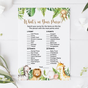 May include: A printable game card with a jungle theme. The card has a list of items to find in a purse, with points assigned to each item. The card features illustrations of a monkey, zebra, lion, elephant, and giraffe.