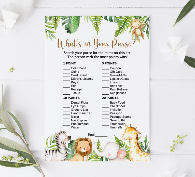 May include: A printable game card with a jungle theme. The card has a list of items to find in a purse, with points assigned to each item. The card features illustrations of a monkey, zebra, lion, elephant, and giraffe.