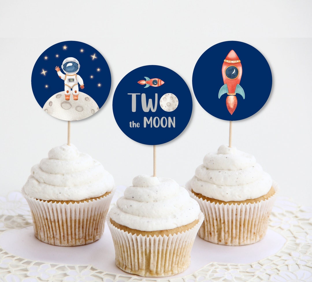 Outer Space Birthday Cupcake Toppers Two the Moon Birthday 2nd Birthday