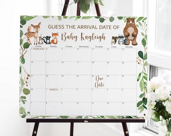 Custom Woodland Baby Due Date Calendar Baby Shower Game, Guess Due Date Baby Prediction Game, 0120