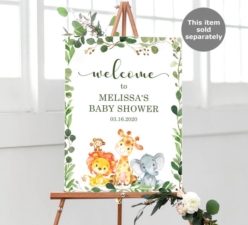 May include: Welcome to Melissa's Baby Shower sign with a green leafy border and a white background. The sign features a giraffe, lion, monkey, and elephant with the date 03.16.2020.