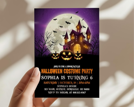 Editable Spooky Halloween Invitation Kids Birthday Costume Party Invite Printable Template Scary Pumpkins Haunted House, Corjl 0126