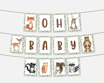 PRINTABLE Oh Baby Woodland Baby Shower Banner Woodland Animals Banner Forest Animals Baby Shower Decor  0120