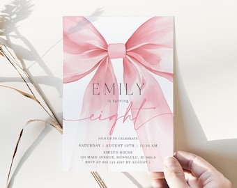 Editable Pink Bow Birthday Invitation, 8th Birthday Invite, Coquette Bow Theme Party (Any Age) Corjl 0155