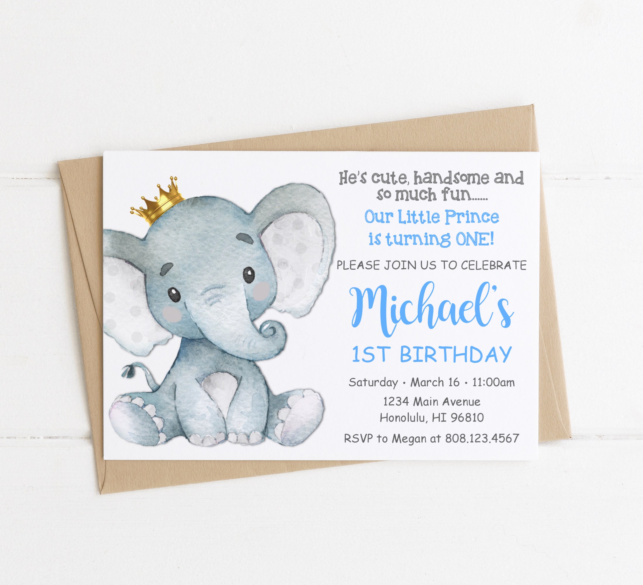 Carte invitation anniversaire, éléphant bleu, premier anniversaire,  papeterie personnalisée, fête, garçon, invitation papier ou numérique -   France