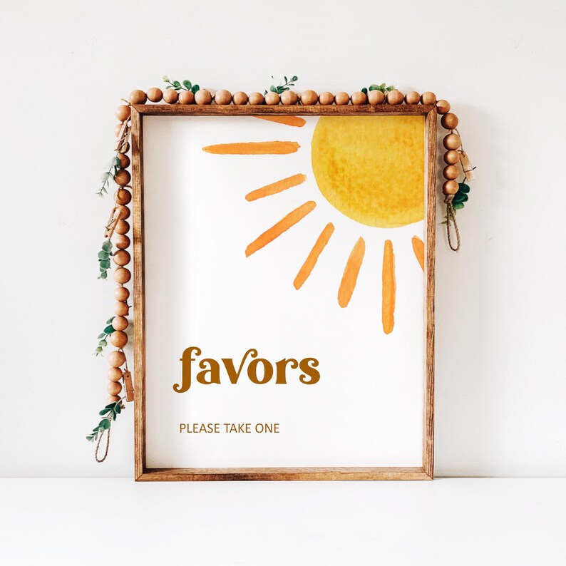 Printable sunshine favors please take one sign featuring a painted yellow sun and retro typography font.