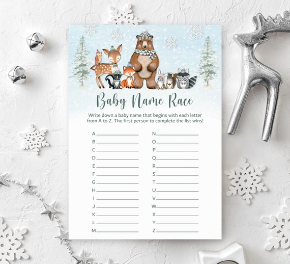 Woodland Baby Shower Baby Name Race Game Winter Woodland Animals Forest Animal Baby Shower Game Printable NOT Editable C4 Il_570xn