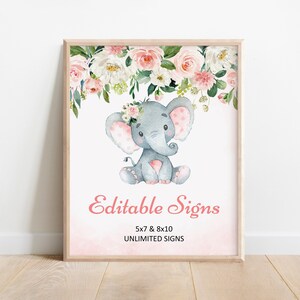 Letrero personalizado de elefante editable, elefante rosa, baby shower de niña, decoración de baby shower con pequeño maní, plantilla de letrero imprimible Corjl 0121
