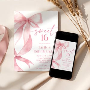 May include: A white invitation card and a smartphone display a pink watercolor bow and the words "sweet 16". The invitation includes details for Emily's 16th birthday, including the date, time, and location.