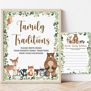 Tarjetas de tradiciones familiares y letrero Woodland Baby Shower Juego Bosque Verde Bosque Animales Imprimibles NO Editables 0120